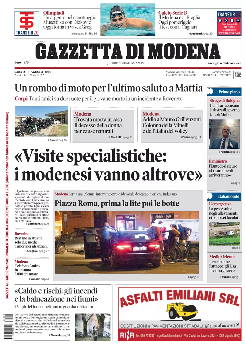 Prima-pagina-gazzetta di modena-oggi-edizione-del-2024-08-03